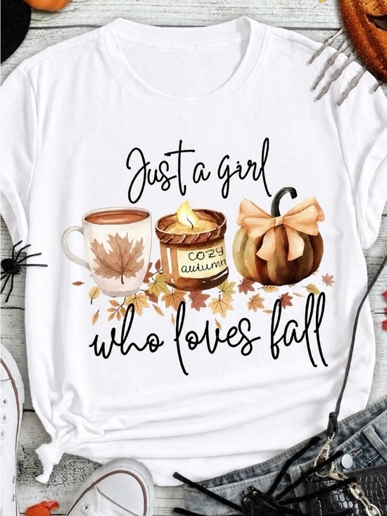 None Tops - Just a Girl Who Loves Fall Graphic Cotton Tee
